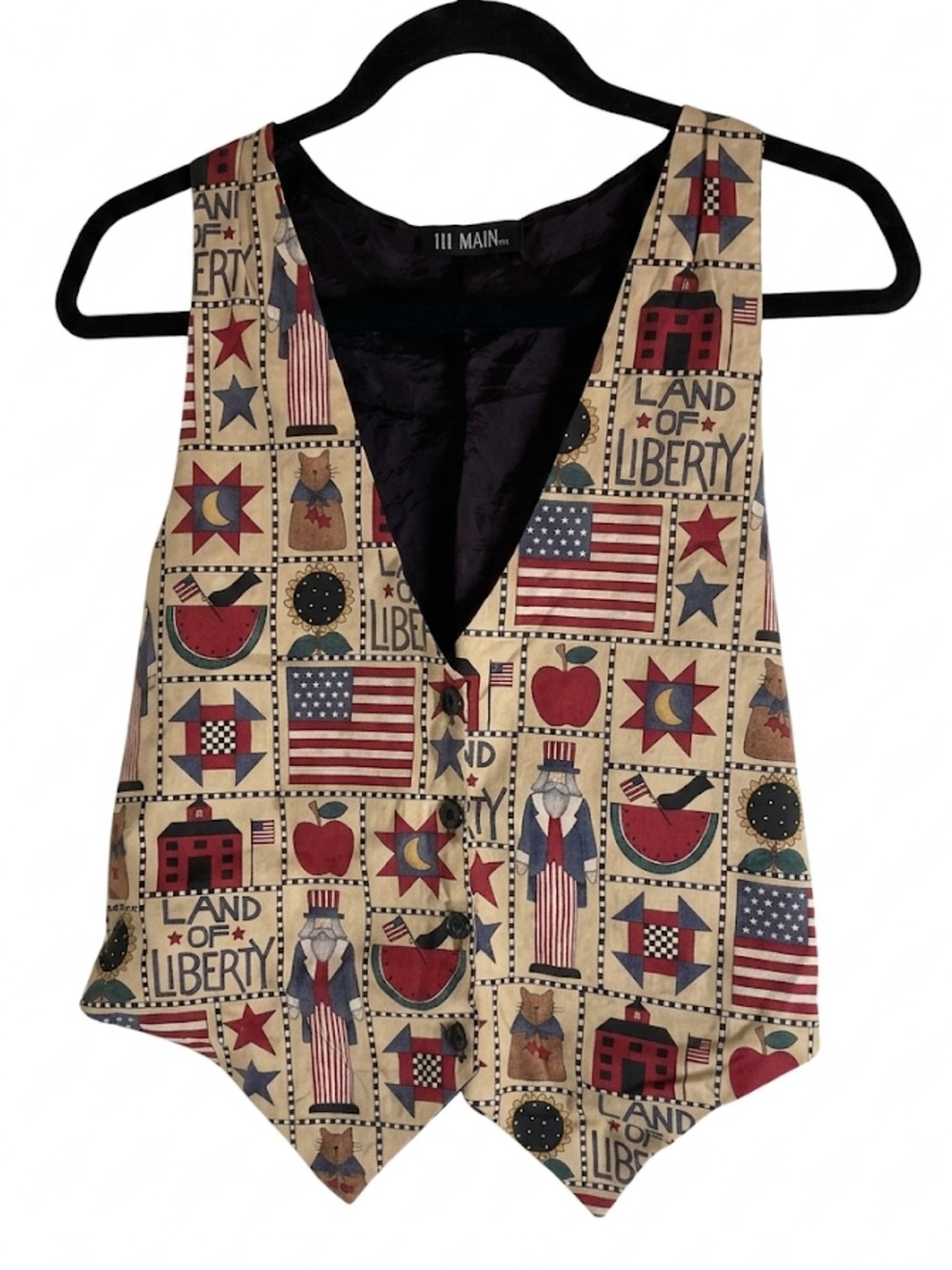 Vintage 111 MAIN Americana Patriotic Vest - "Land of Liberty" Folk Art Print